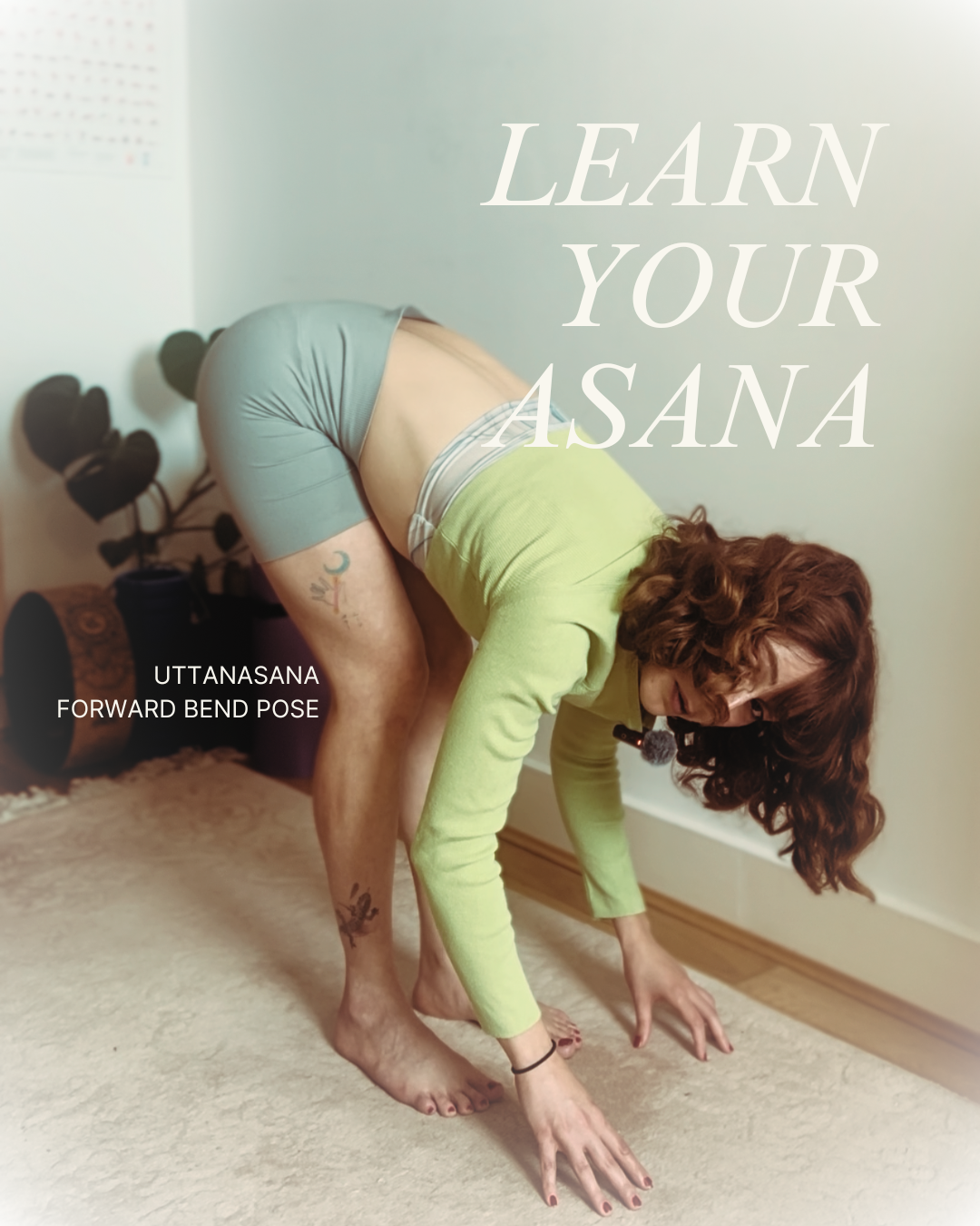 A woman in Uttanasana, forward bend yoga pose, in a room.